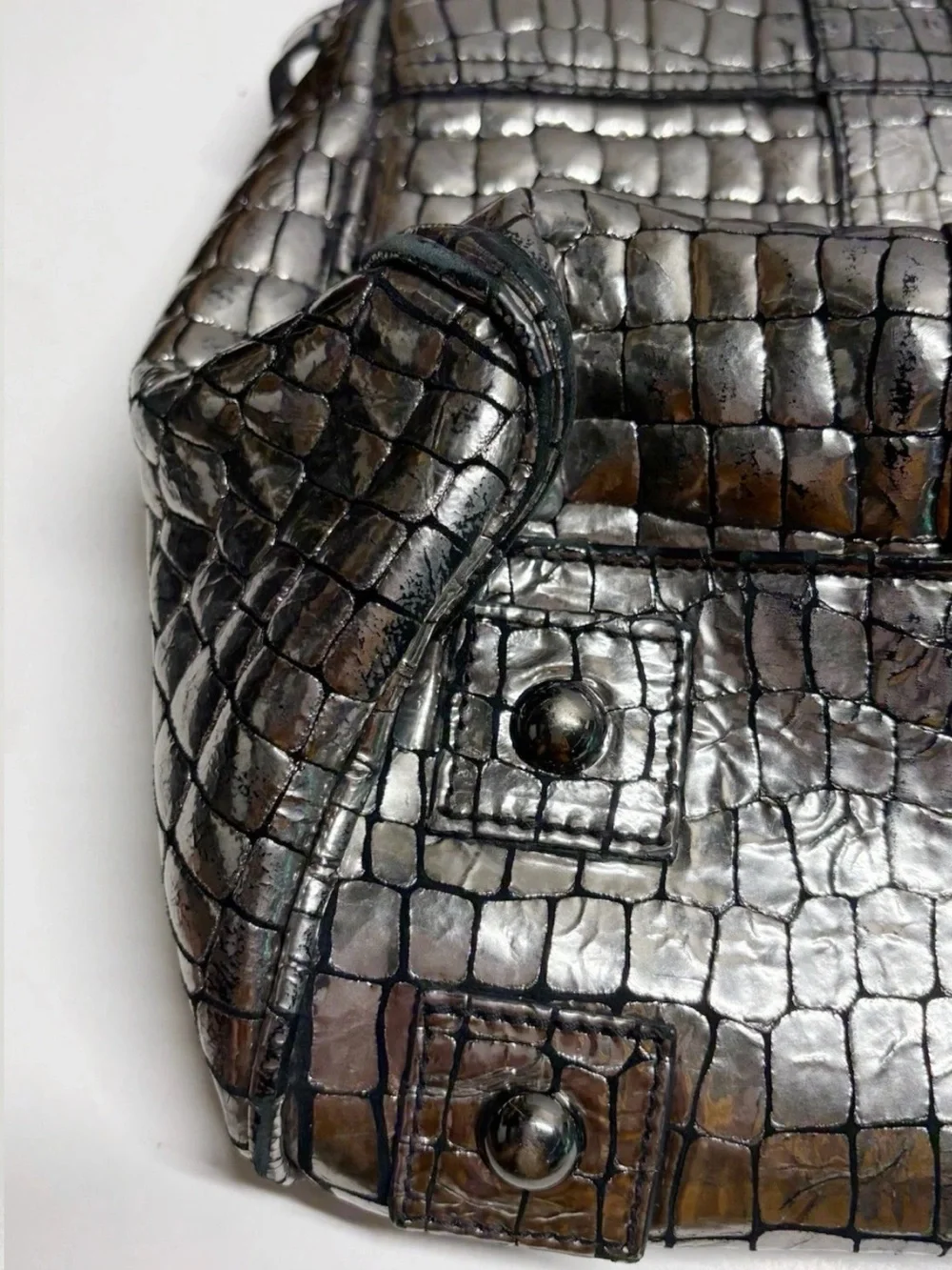Mulberry Metallic Croc-Embossed Satchel in Silver-Brown
